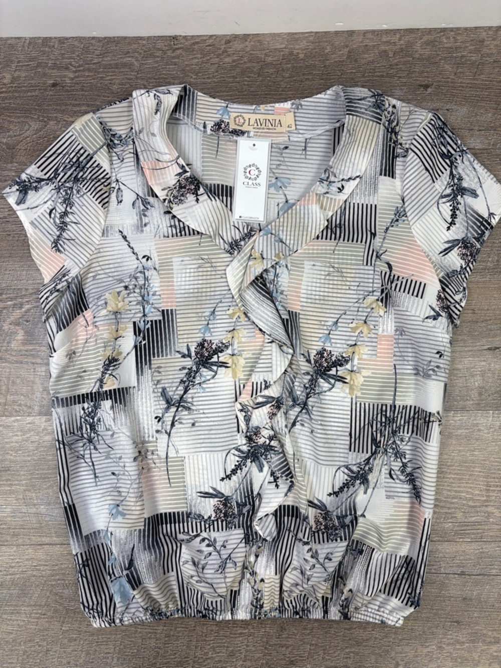 Lavinia Floral Abstract Print Ruffle Blouse Size 42 NWT Soft Neutral Chic Top
